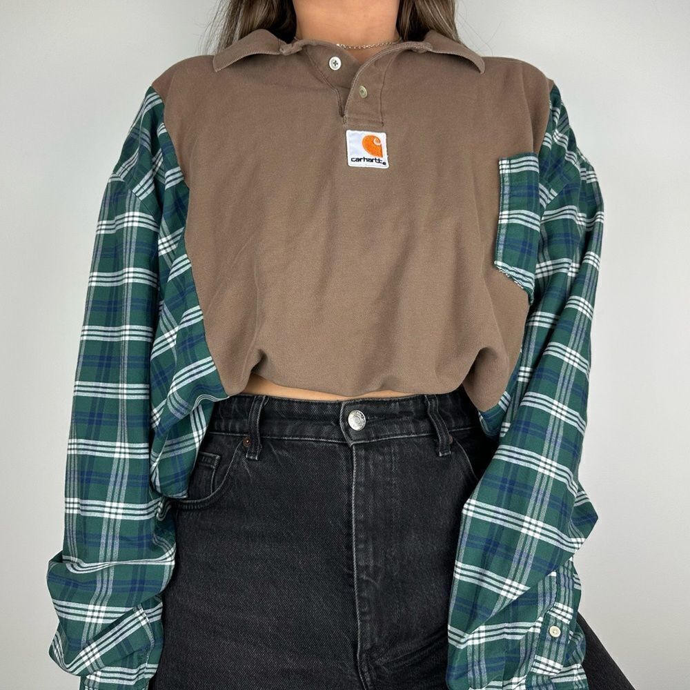 Carhartt Reworked Long Sleeve Green Brown Relaxed Fit Flannel Plaid Shirt Top